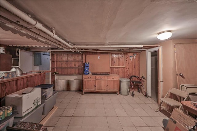 basement featuring wooden walls