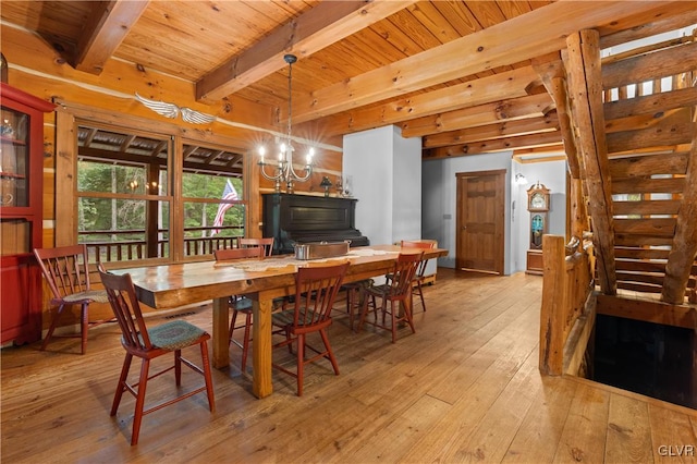 dining space featuring beam ceiling, wooden ceiling, a chandelier, and light hardwood / wood-style flooring