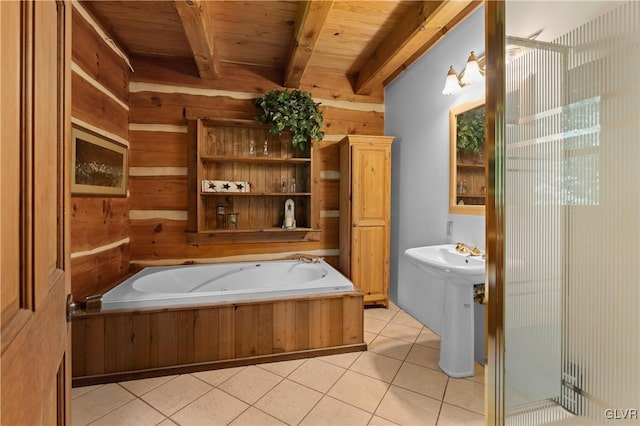 bathroom with beamed ceiling, separate shower and tub, wooden ceiling, and tile patterned floors