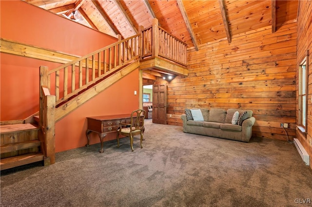 unfurnished living room featuring wooden walls, dark colored carpet, beam ceiling, and wooden ceiling