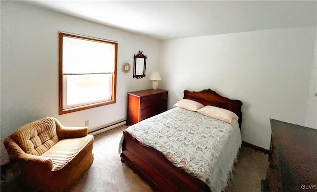 carpeted bedroom with baseboard heating