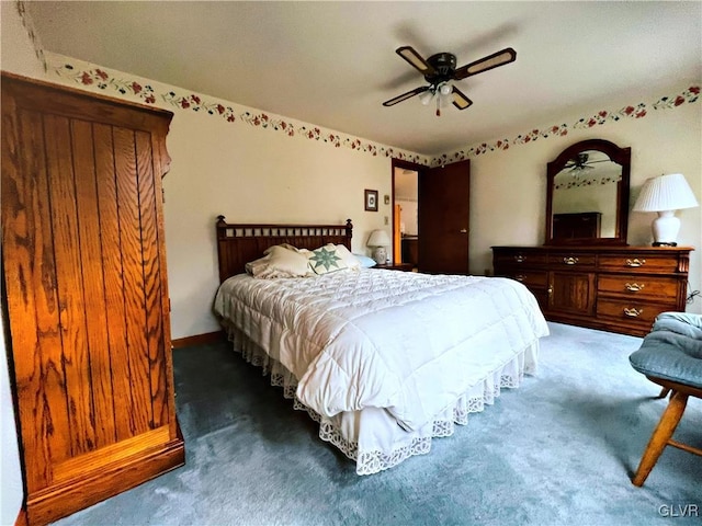 carpeted bedroom featuring ceiling fan