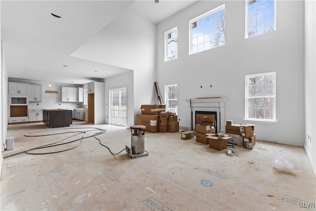 living room with a high ceiling