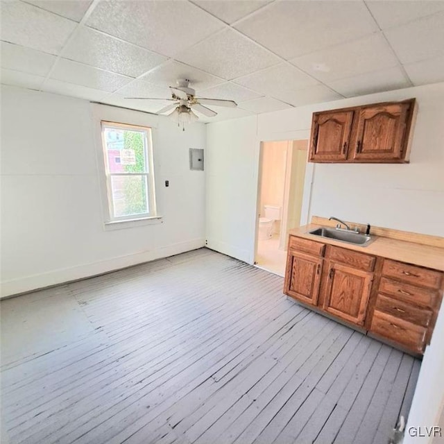 kitchen with ceiling fan, sink, electric panel, a paneled ceiling, and light wood-type flooring