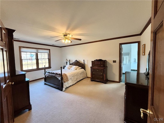 bedroom featuring ceiling fan, light colored carpet, and ornamental molding