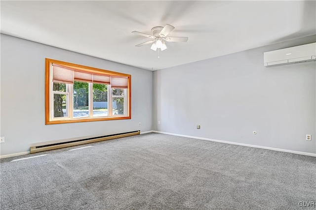 carpeted spare room featuring ceiling fan, a baseboard heating unit, and a wall mounted air conditioner