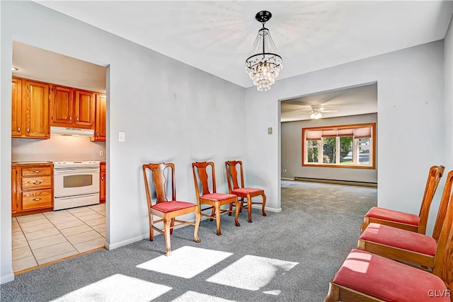 living area with baseboard heating, light colored carpet, and ceiling fan with notable chandelier