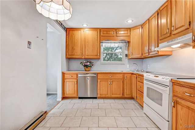 kitchen featuring sink, electric range, light tile patterned floors, stainless steel dishwasher, and a baseboard radiator