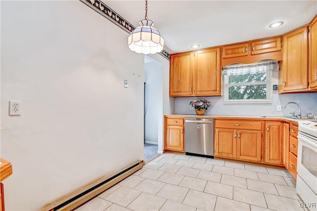 kitchen featuring dishwasher, hanging light fixtures, sink, white electric range oven, and a baseboard radiator