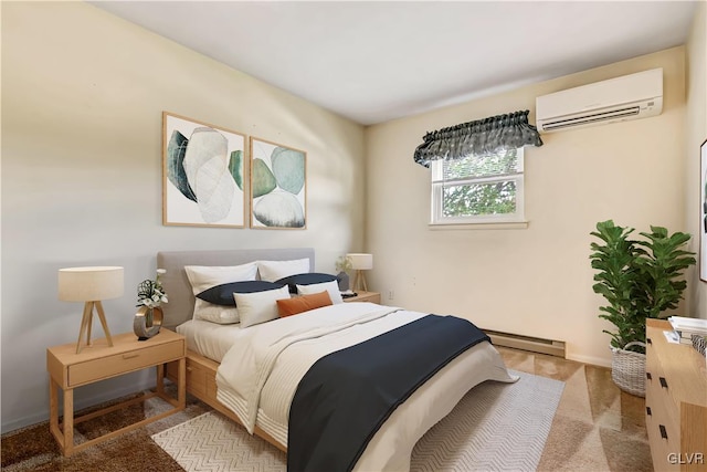 carpeted bedroom featuring an AC wall unit and a baseboard radiator