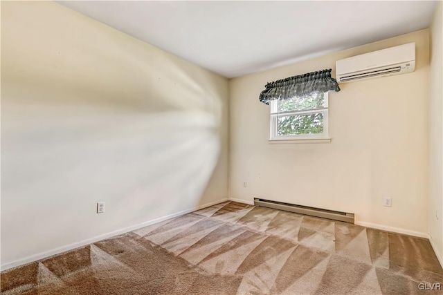 spare room featuring an AC wall unit, carpet, and baseboard heating