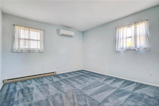 carpeted spare room featuring an AC wall unit, a wealth of natural light, and baseboard heating