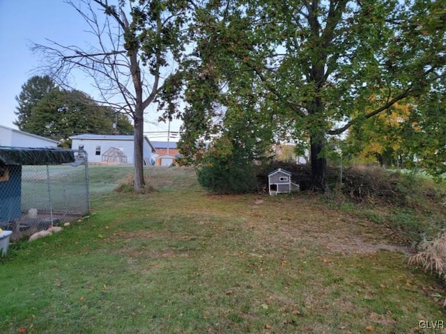 view of yard featuring a storage shed