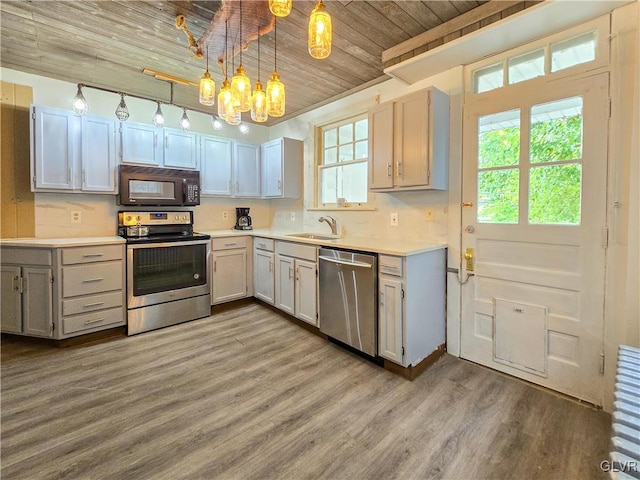 kitchen with hardwood / wood-style floors, appliances with stainless steel finishes, pendant lighting, gray cabinets, and sink