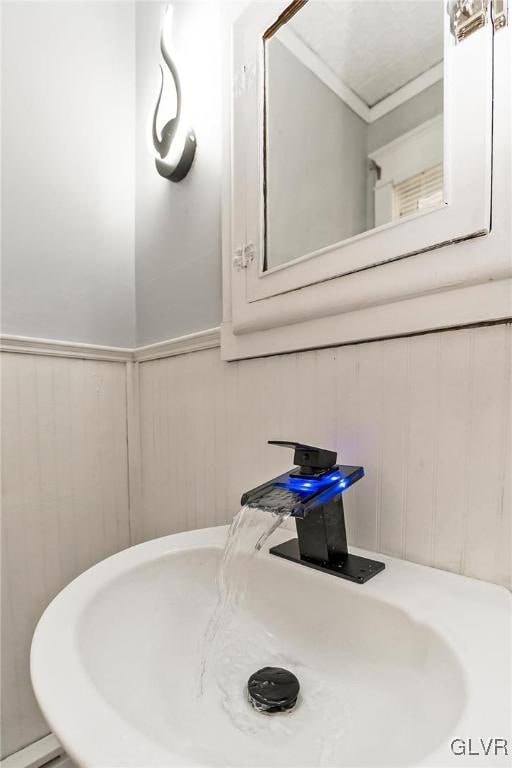 bathroom featuring wood walls and sink