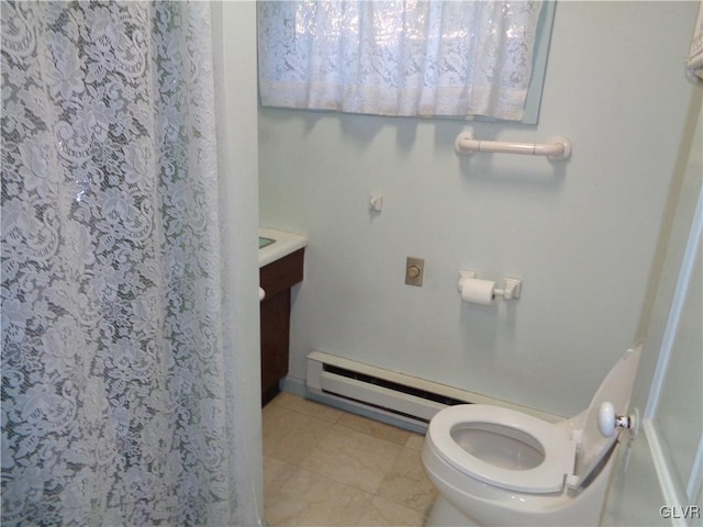 bathroom with vanity, a shower with shower curtain, toilet, and tile patterned flooring