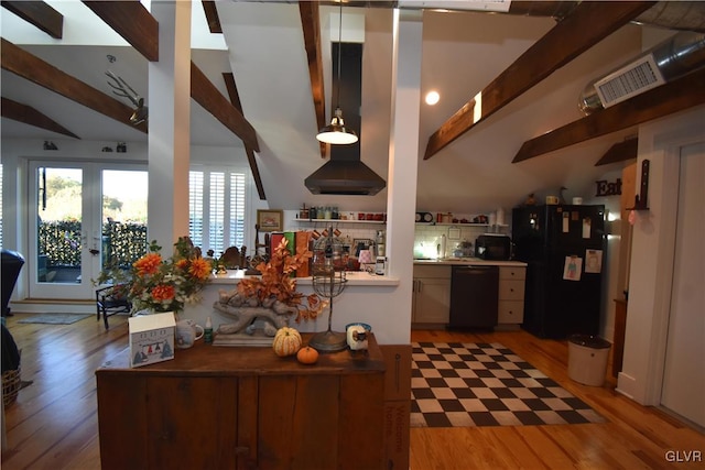 kitchen featuring french doors, vaulted ceiling with beams, black appliances, and light wood-type flooring