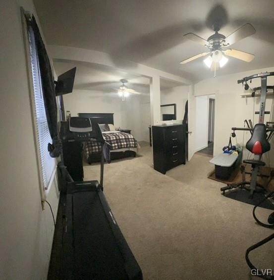 bedroom featuring light carpet