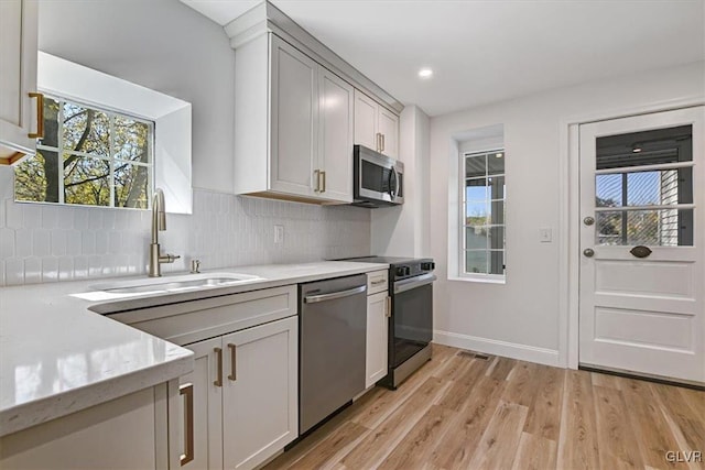 kitchen with sink, stainless steel appliances, light hardwood / wood-style flooring, backsplash, and gray cabinets