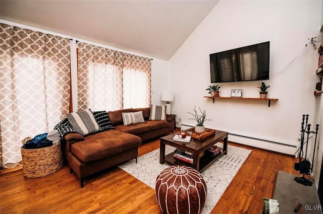 living room featuring lofted ceiling, a baseboard heating unit, and wood-type flooring