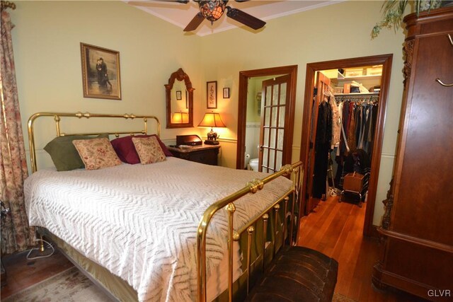 bedroom featuring ceiling fan, dark hardwood / wood-style floors, a walk in closet, a closet, and ornamental molding