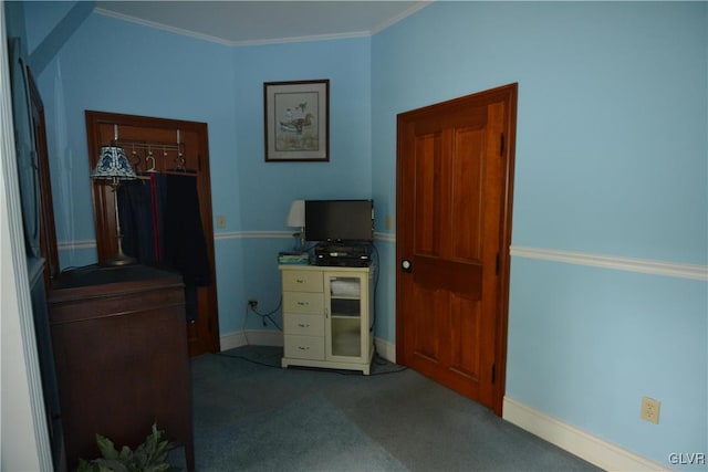 carpeted office with baseboards and ornamental molding