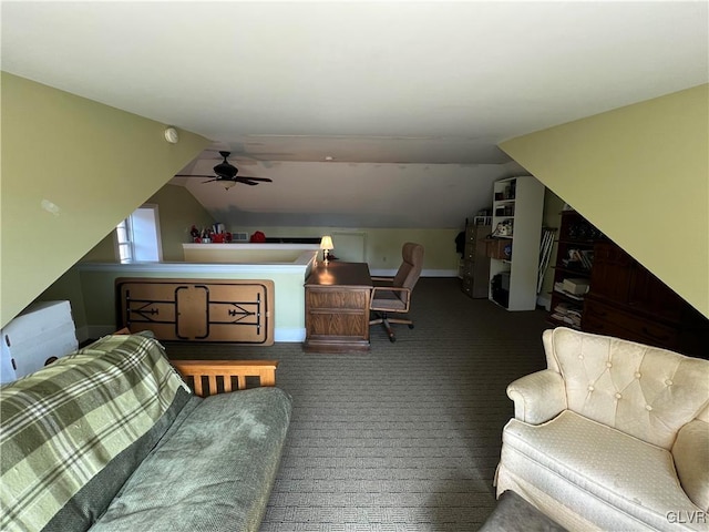 carpeted living room featuring ceiling fan and lofted ceiling