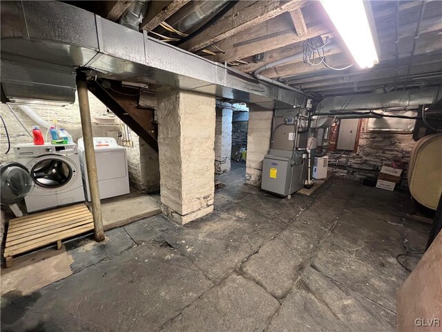 1321 Main St, Chapman, PA 18014 - unfinished basement featuring independent washer and dryer, heating unit, electric panel, and heating fuel