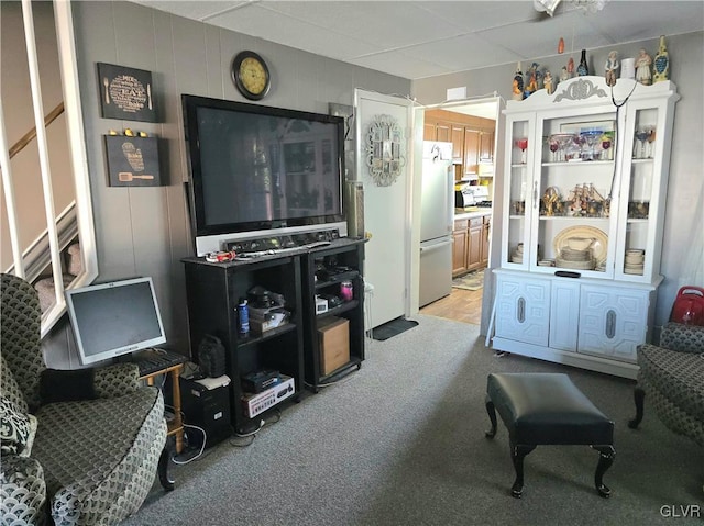 interior space featuring light carpet