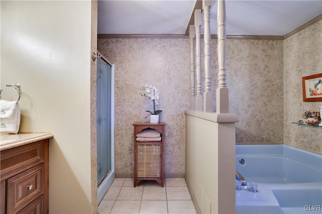 137 Outer Dr, Coolbaugh Twp, PA 18347 - full bath featuring a garden tub, tile patterned floors, a stall shower, and vanity