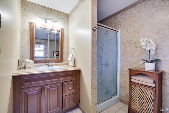 137 Outer Dr, Coolbaugh Twp, PA 18347 - bathroom featuring crown molding, vanity, tile patterned flooring, and a stall shower