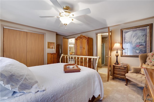 137 Outer Dr, Coolbaugh Twp, PA 18347 - bedroom with light carpet, crown molding, ceiling fan, and a closet