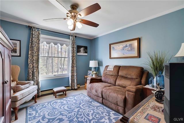 137 Outer Dr, Coolbaugh Twp, PA 18347 - carpeted living area with ceiling fan and ornamental molding