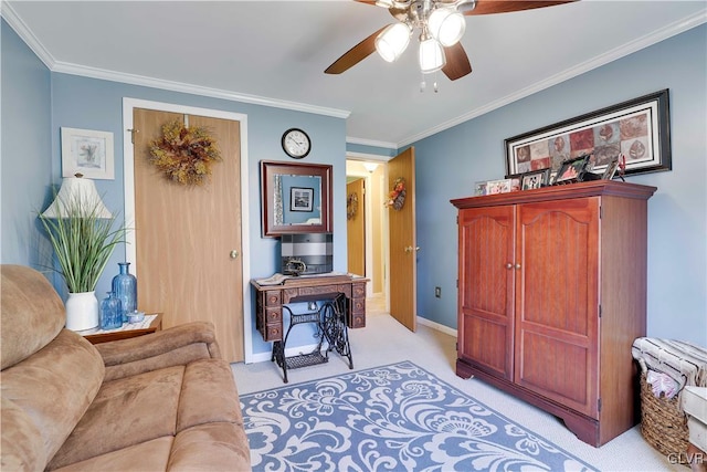137 Outer Dr, Coolbaugh Twp, PA 18347 - living room featuring light colored carpet, ceiling fan, and crown molding