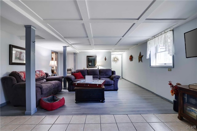 137 Outer Dr, Coolbaugh Twp, PA 18347 - living area with light tile patterned floors, coffered ceiling, and beam ceiling