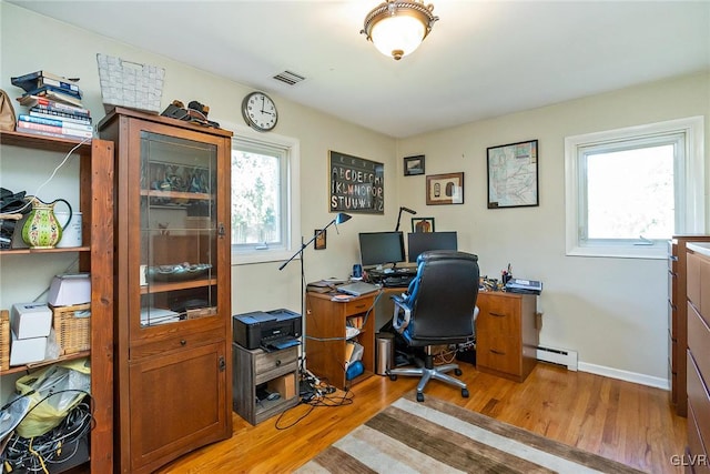 home office featuring hardwood / wood-style floors and a baseboard radiator