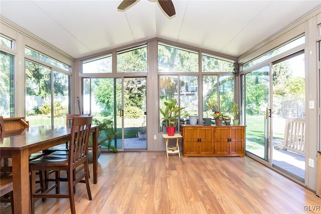 sunroom with ceiling fan and lofted ceiling