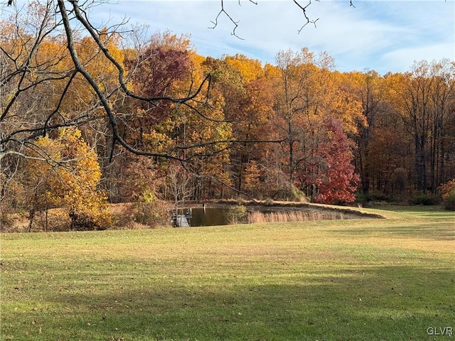 view of home's community featuring a water view and a lawn