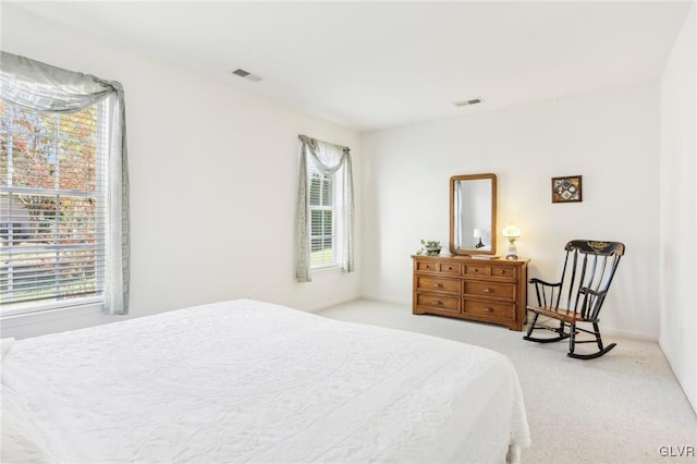 bedroom with multiple windows and light carpet