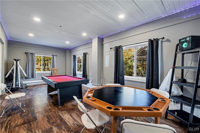 recreation room with dark hardwood / wood-style floors, a healthy amount of sunlight, billiards, and wooden ceiling