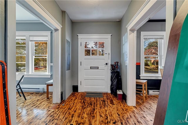 foyer entrance with a baseboard radiator, light hardwood / wood-style floors, and a wealth of natural light