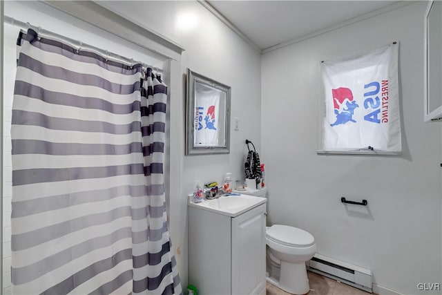 bathroom with a baseboard heating unit, a shower with shower curtain, toilet, vanity, and tile patterned flooring