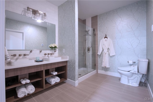 bathroom featuring vanity, tile patterned flooring, toilet, and an enclosed shower