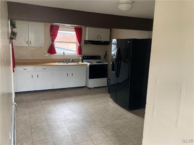 kitchen featuring sink, white electric stove, white cabinetry, exhaust hood, and black fridge with ice dispenser