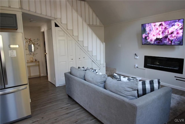 living room featuring dark wood-type flooring