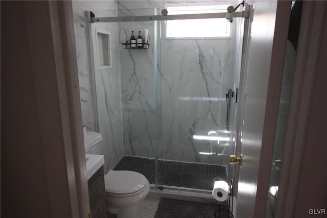 bathroom featuring vanity, toilet, and an enclosed shower