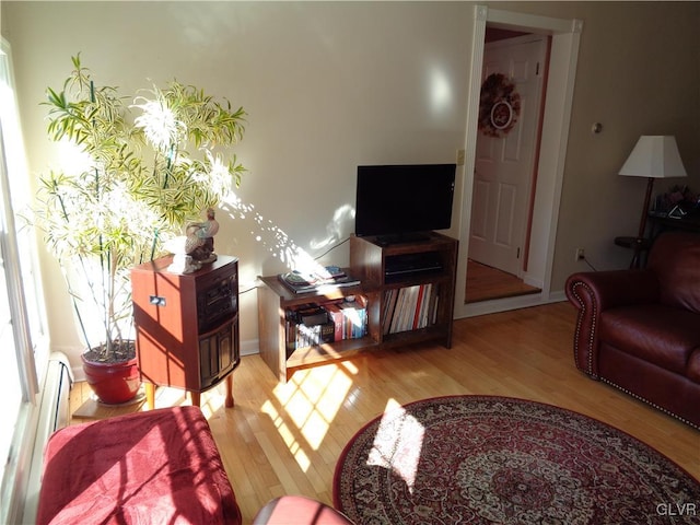 living room featuring a baseboard heating unit and light hardwood / wood-style floors