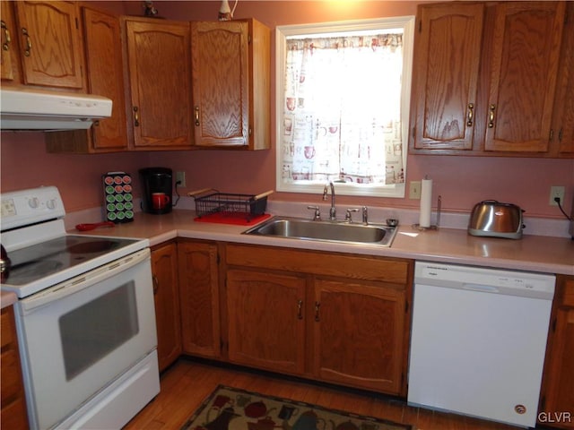 kitchen featuring a healthy amount of sunlight, sink, light hardwood / wood-style flooring, and white appliances