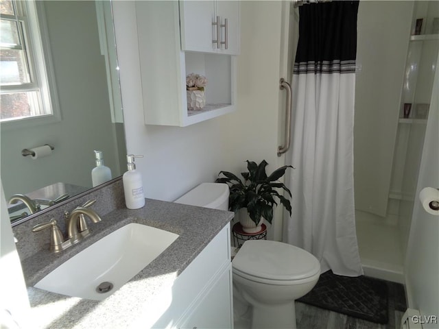 bathroom featuring vanity, a shower with curtain, and toilet