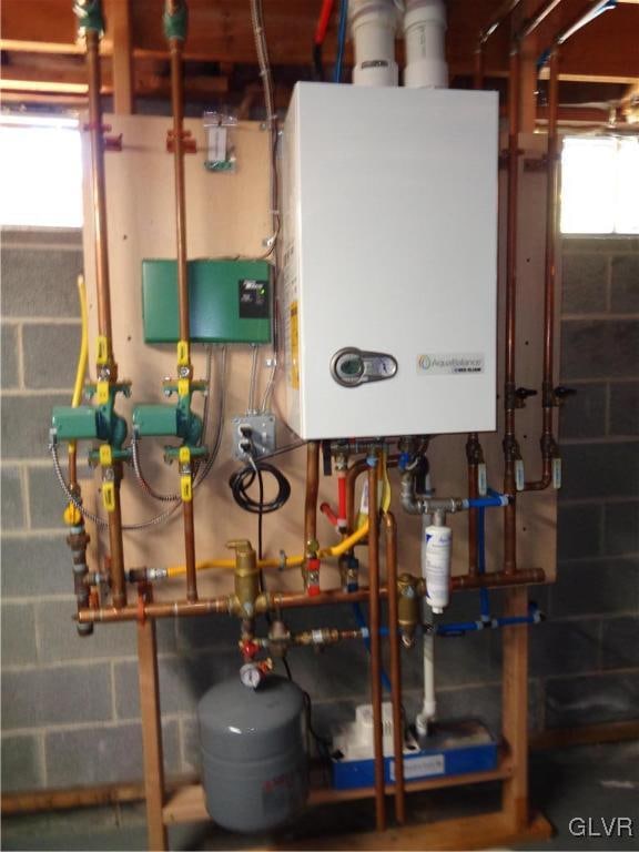 utility room with tankless water heater